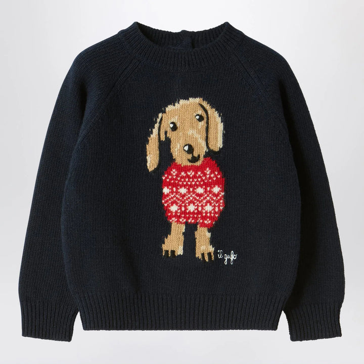 Il Gufo - Blue wool sweater with dachshund