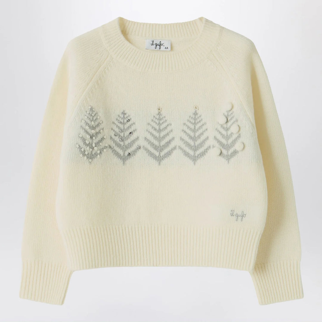 Il Gufo - Ivory wool sweater with embroidery and rhinestones