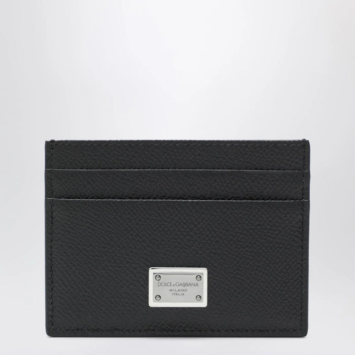 Dolce&amp;Gabbana - Black dauphine leather card holder with logo plaque