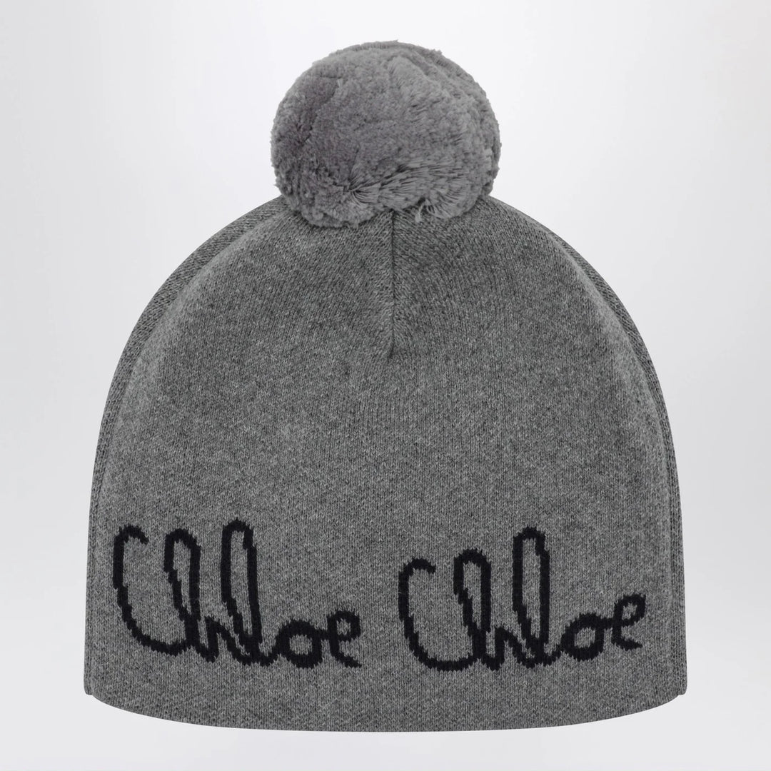 Chloé - Grey pom-pom beanie with logo
