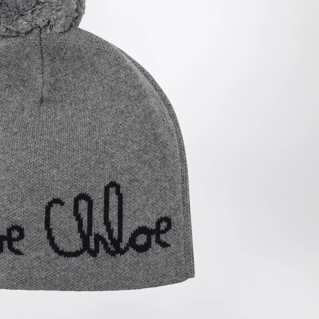 Chloé - Grey pom-pom beanie with logo