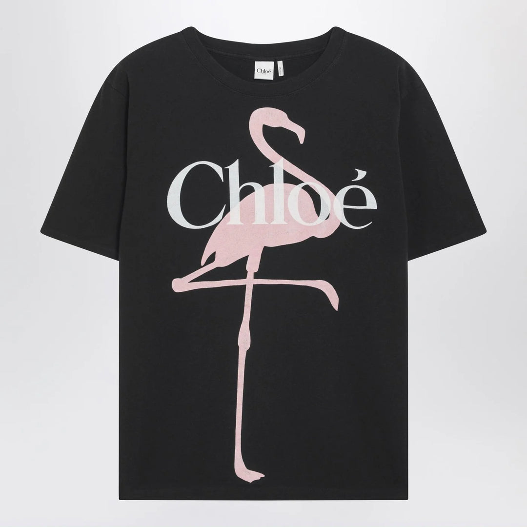 Chloé - Black baby-fit T-shirt with logo and flamingo print