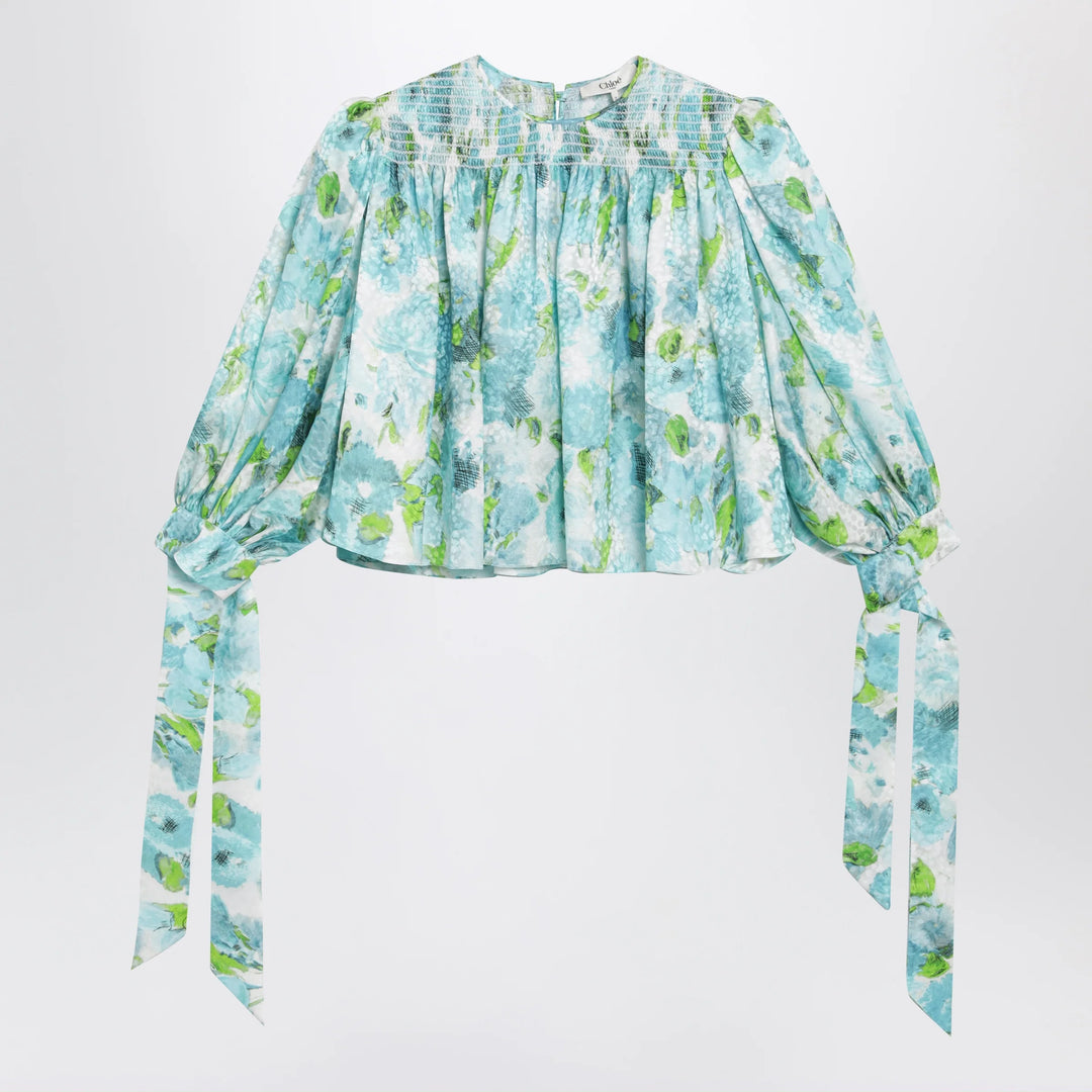 Chloé - Ruched cropped silk jacquard floral top, multicolor