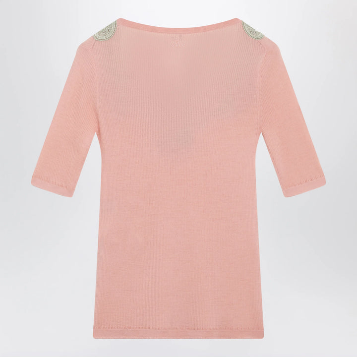 Chloé - Fitted elbow-sleeve ribbed wool sweater with lace trim in pink