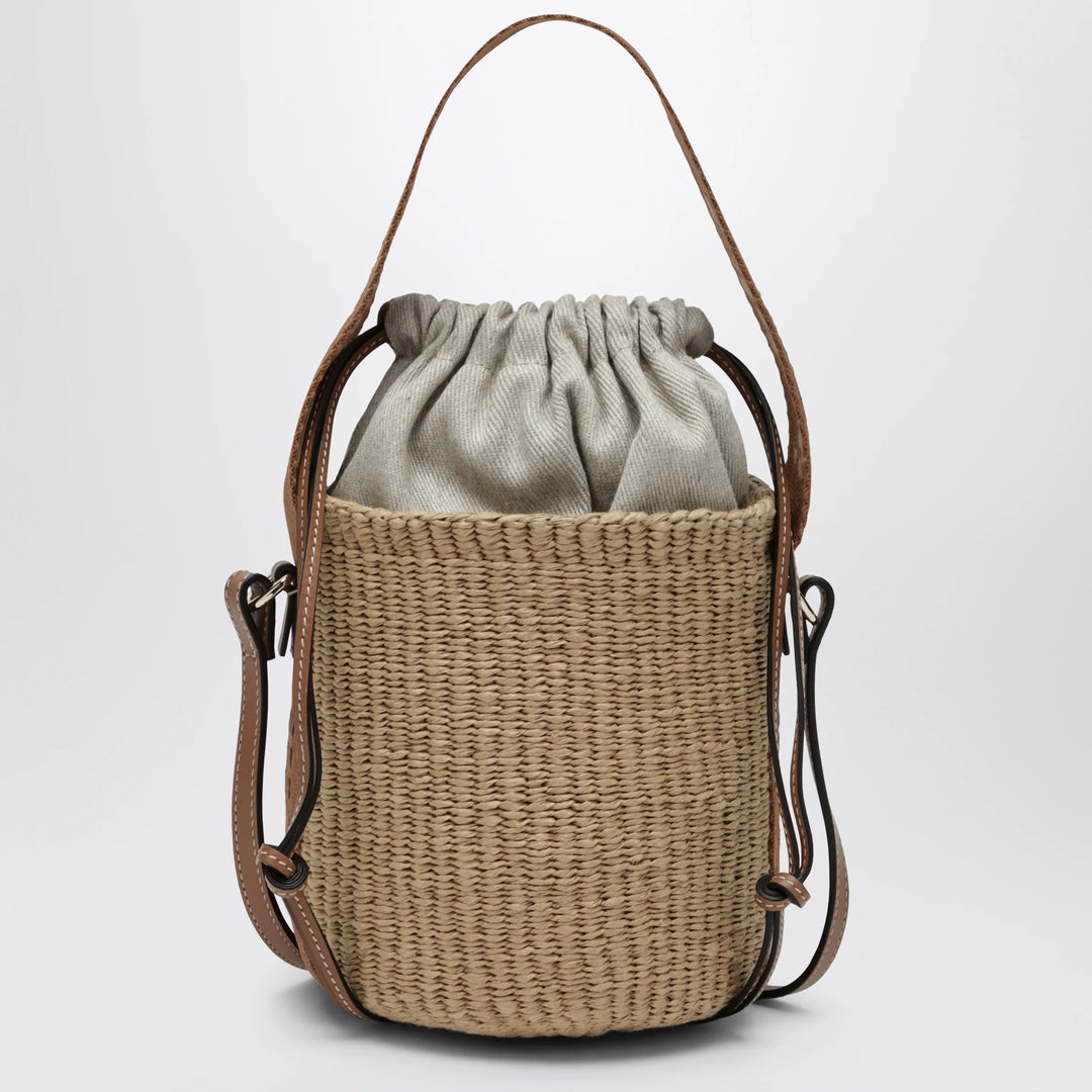 Chloé - Small Woody bucket bag in woven paper and leather, beige