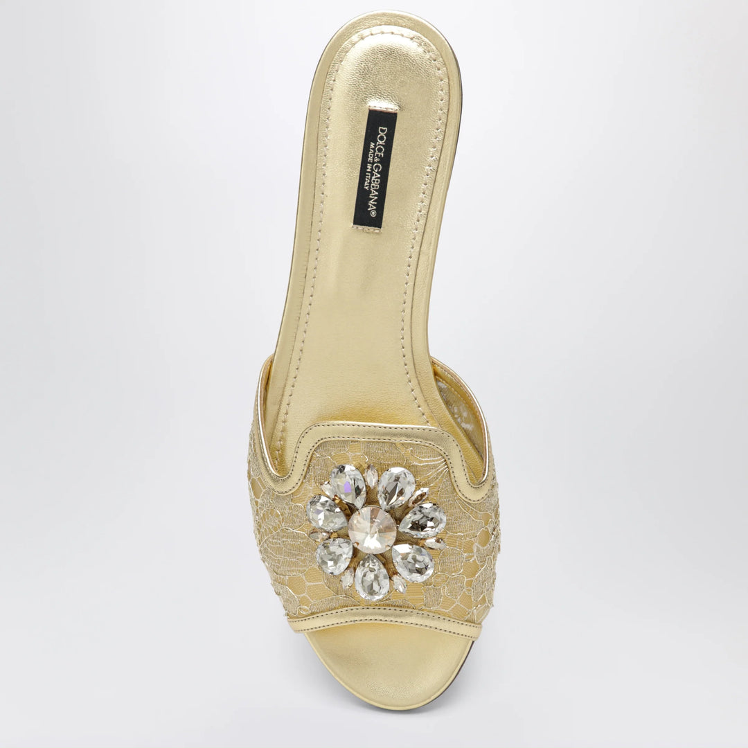 Dolce&amp;Gabbana - Rainbow slides in gold lurex lace with brooch