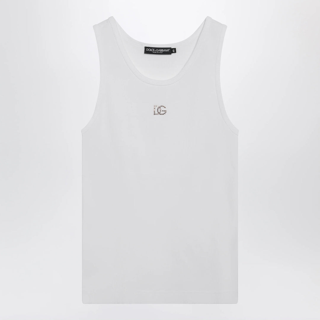 Dolce&amp;Gabbana - Cotton tank top with DG embroidery and rhinestones, white