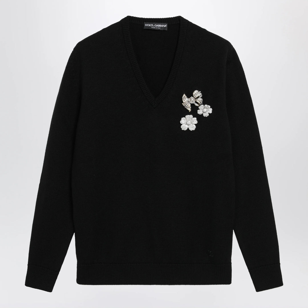 Dolce&amp;Gabbana - V-neck sweater with embroidered floral details in wool, black