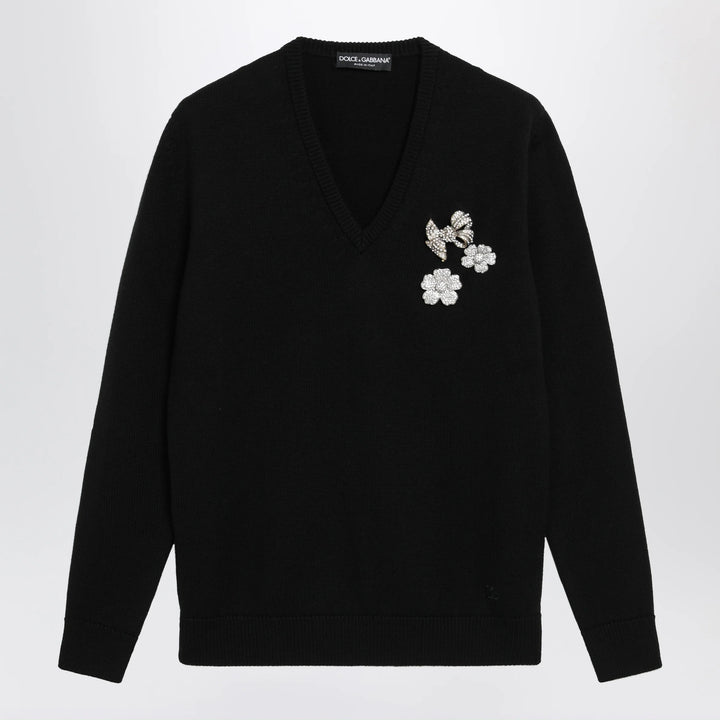 Dolce&amp;Gabbana - V-neck sweater with embroidered floral details in wool, black