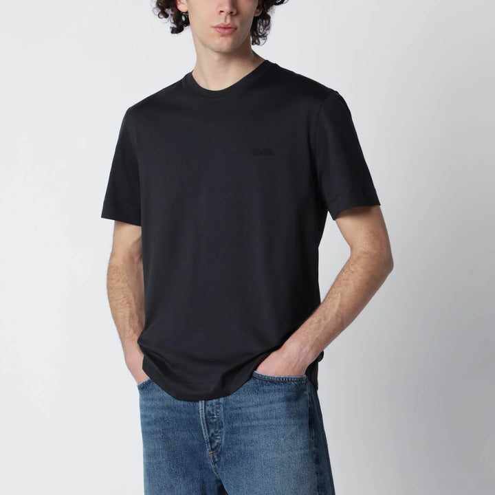 ZEGNA - Navy blue T-shirt with embroidered logo