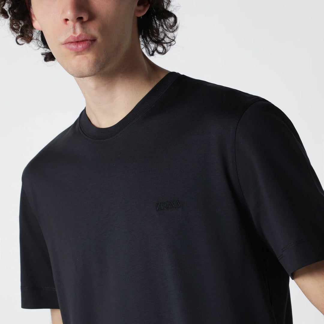 ZEGNA - Navy blue T-shirt with embroidered logo