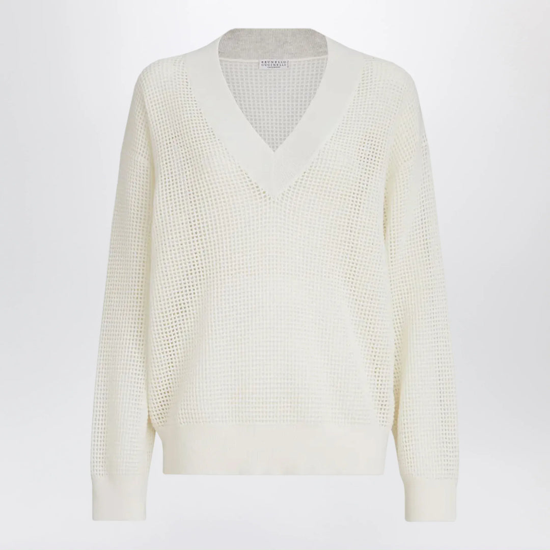 Brunello Cucinelli - White cashmere mesh sweater Brand Apparel & Accessories > Clothing > Shirts & Tops S