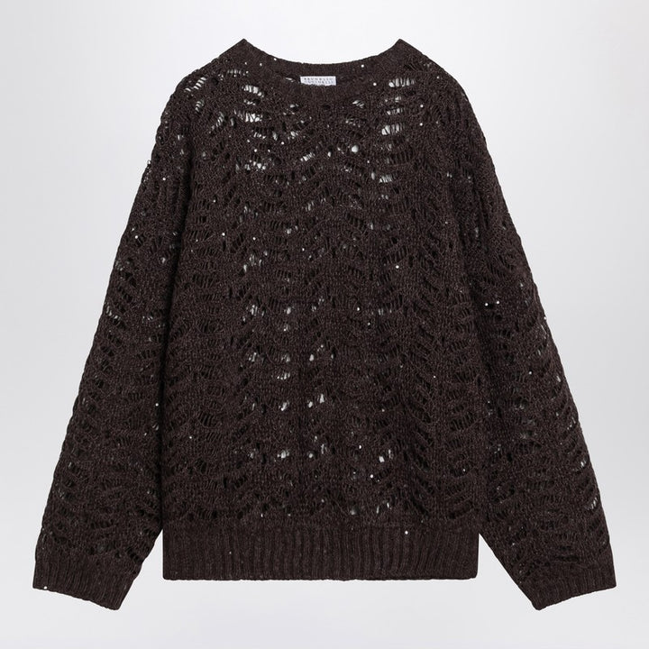 Brunello Cucinelli Brown perforated sweater with micro sequins