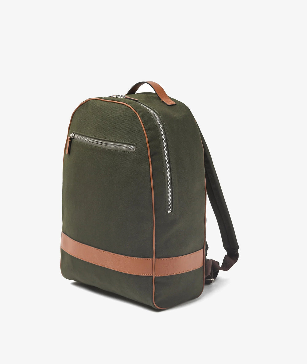 Green backpack with brown accents on a white background