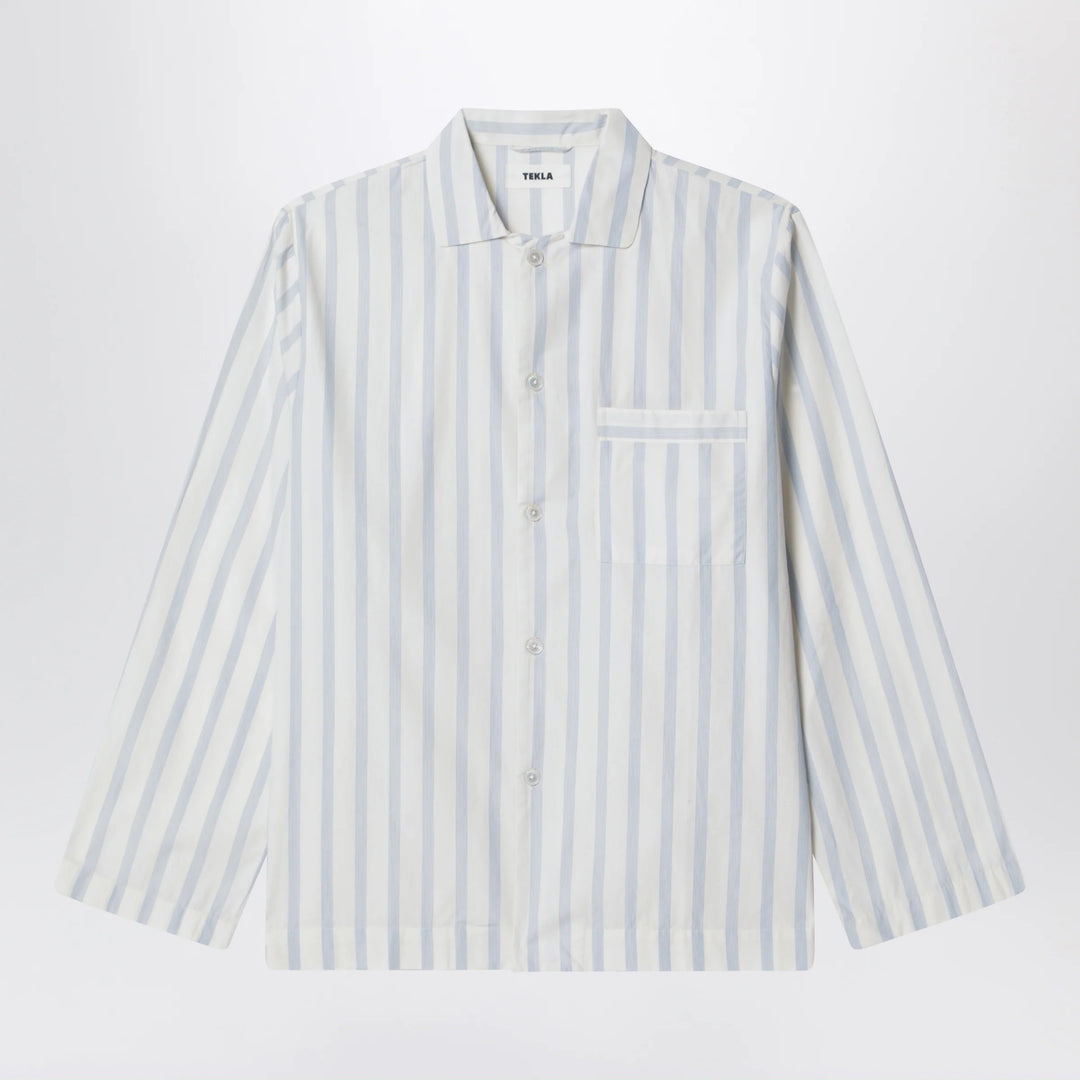 Tekla - White pajama shirt with light blue stripes