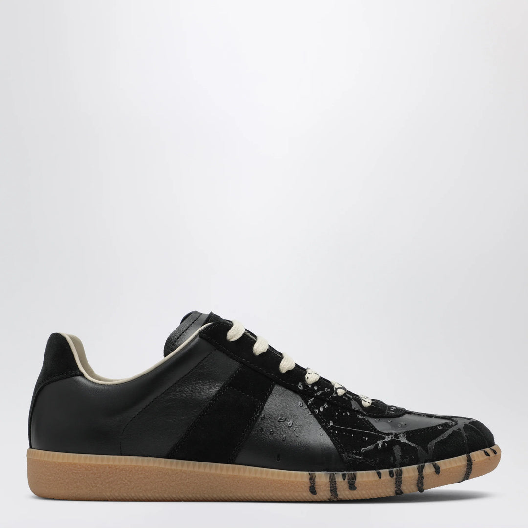 Maison Margiela - Replica paint-splattered calfskin and suede sneakers, black