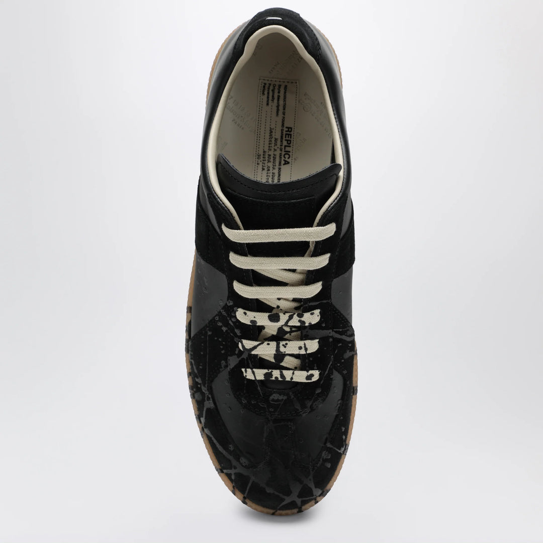 Maison Margiela - Replica paint-splattered calfskin and suede sneakers, black