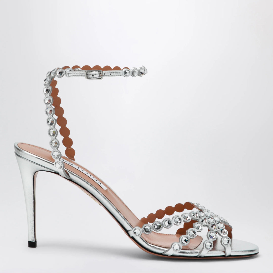 Aquazzura - Tequila silver sandals in metallic leather with crystals