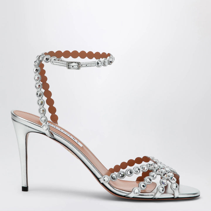 Aquazzura - Tequila silver sandals in metallic leather with crystals