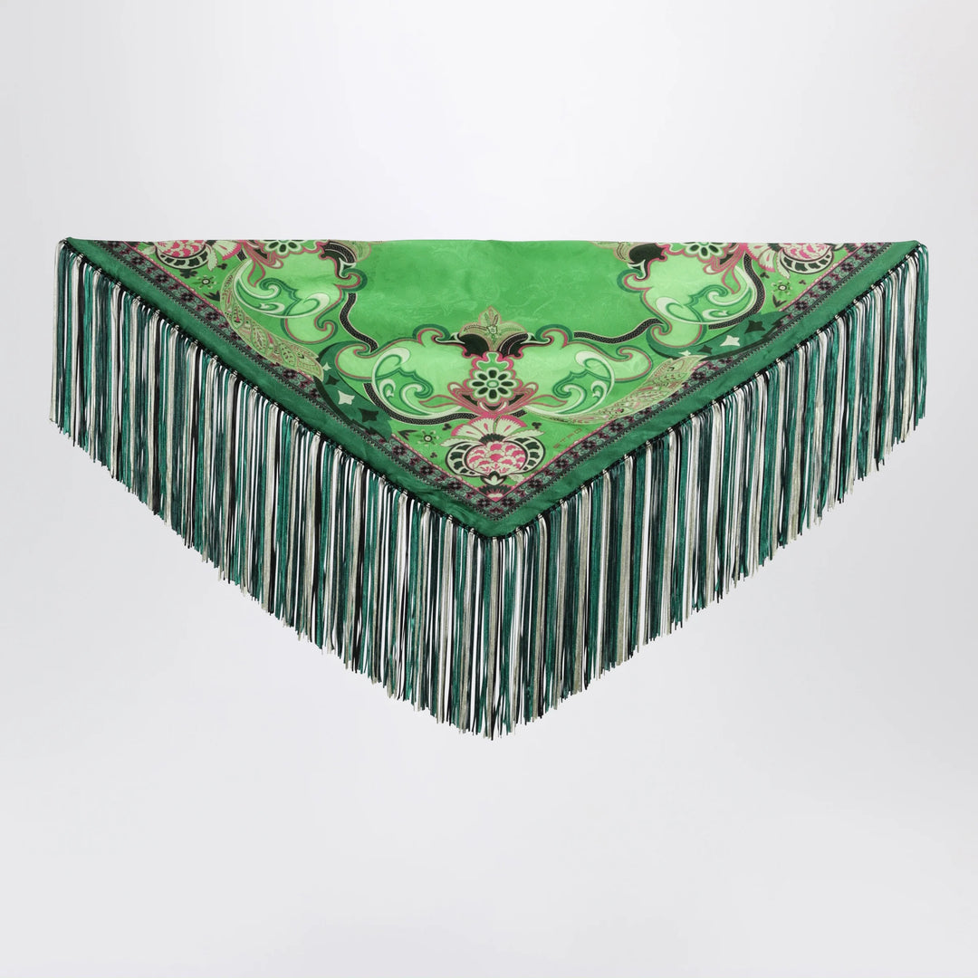 ETRO - Green silk jacquard scarf with fringes