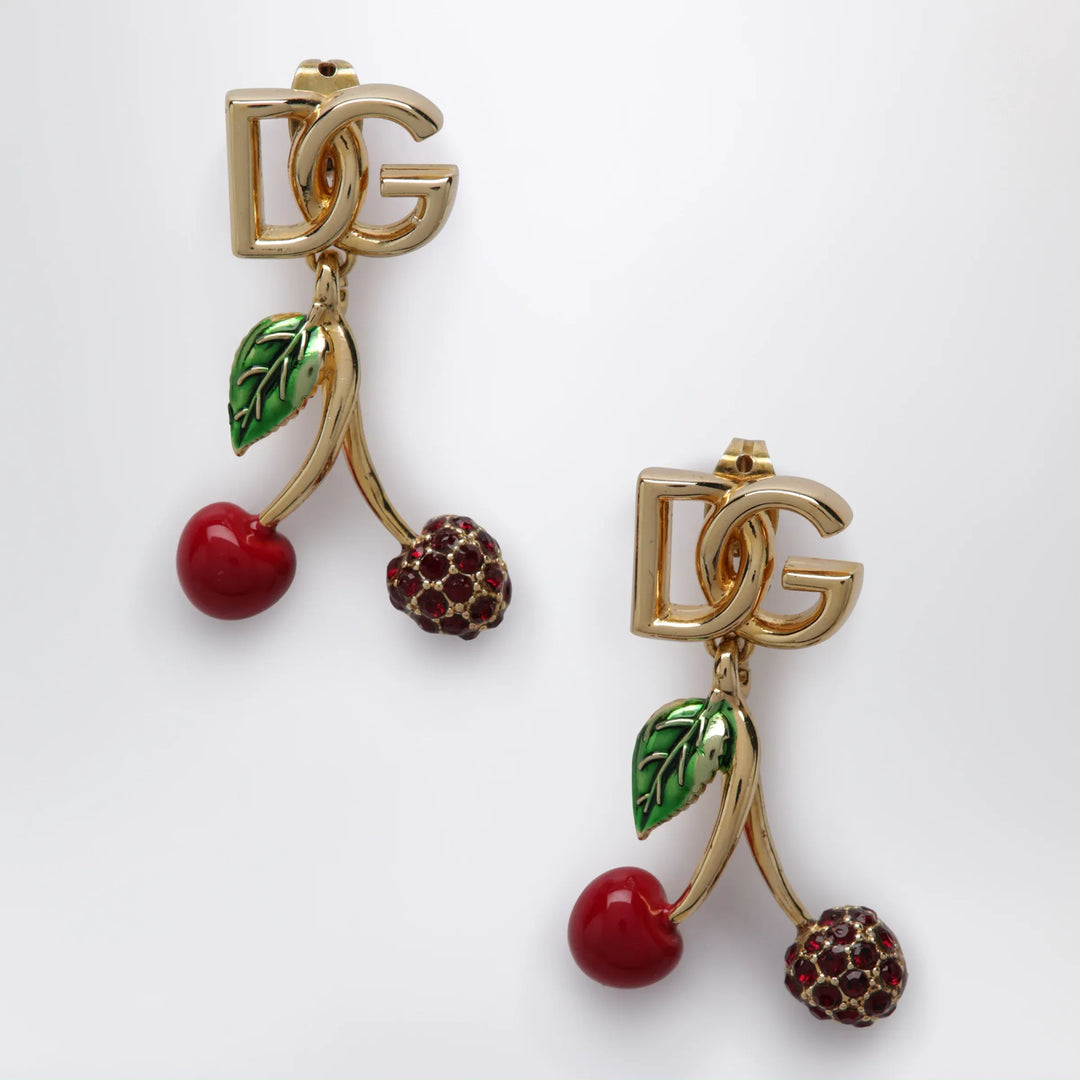 Dolce&amp;Gabbana - Earrings with logo and cherries in brass gold Brand Apparel &amp; Accessories > Jewelry TU