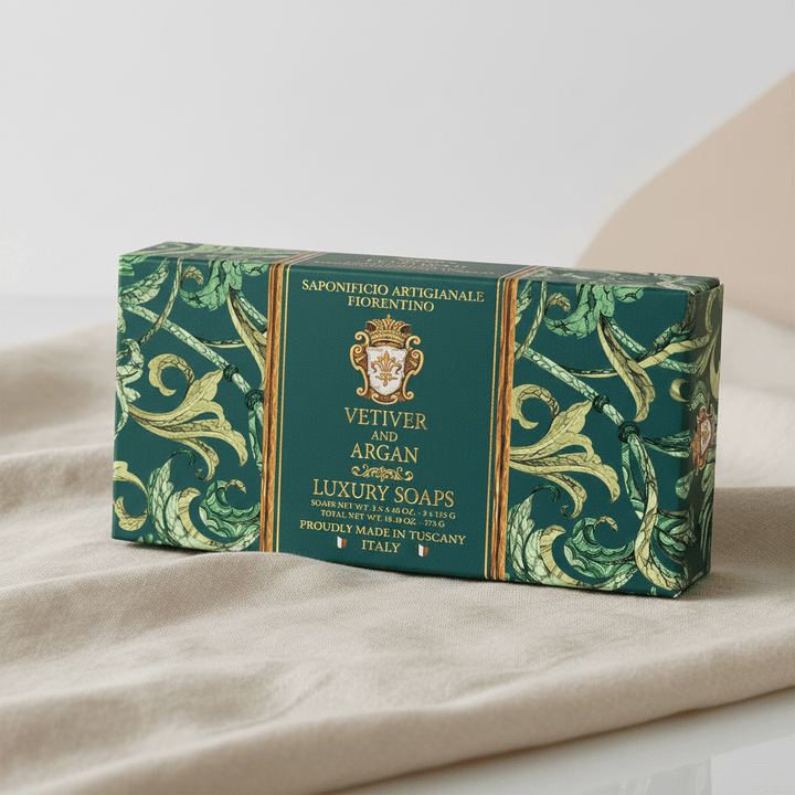Saponificio Artigianale Fiorentino Vetiver &amp; Argan Luxury Gift Box Soap 3x125g Brand 125g Set of 3 Bar Soaps