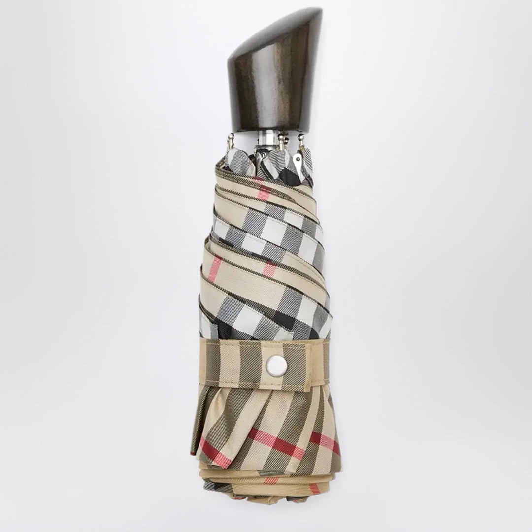 Burberry - Foldable Check umbrella in polyester, sand Brand Apparel &amp; Accessories U