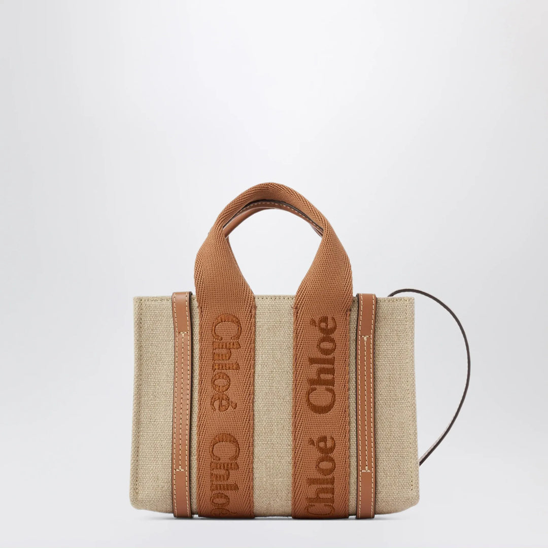 Chloé - Small Woody tote bag in linen Dusty Tan Brand Apparel &amp; Accessories TU