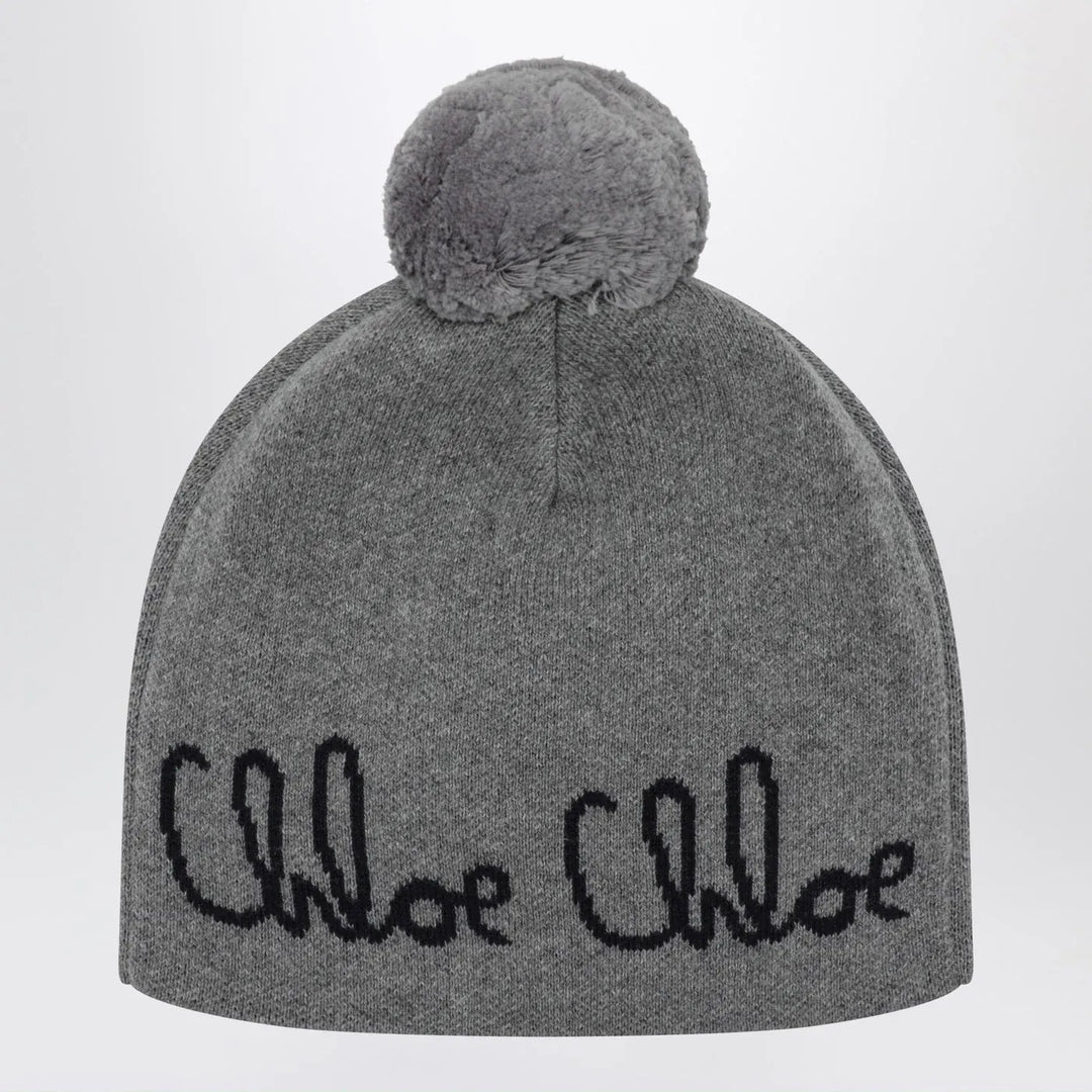 Chloé - Grey pom-pom beanie with logo Brand Apparel &amp; Accessories > Clothing Accessories > Hats T1