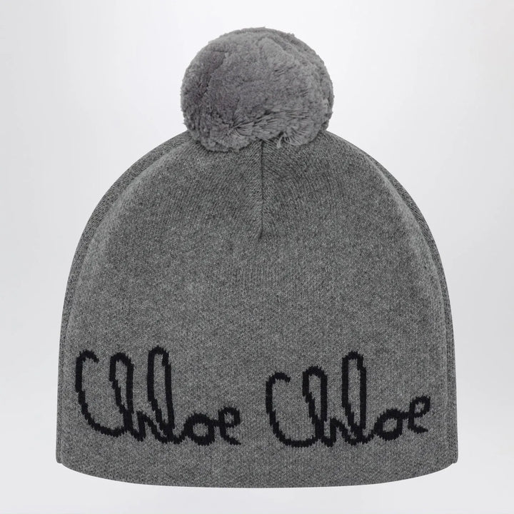 Chloé - Grey pom-pom beanie with logo Brand Apparel &amp; Accessories > Clothing Accessories > Hats T1