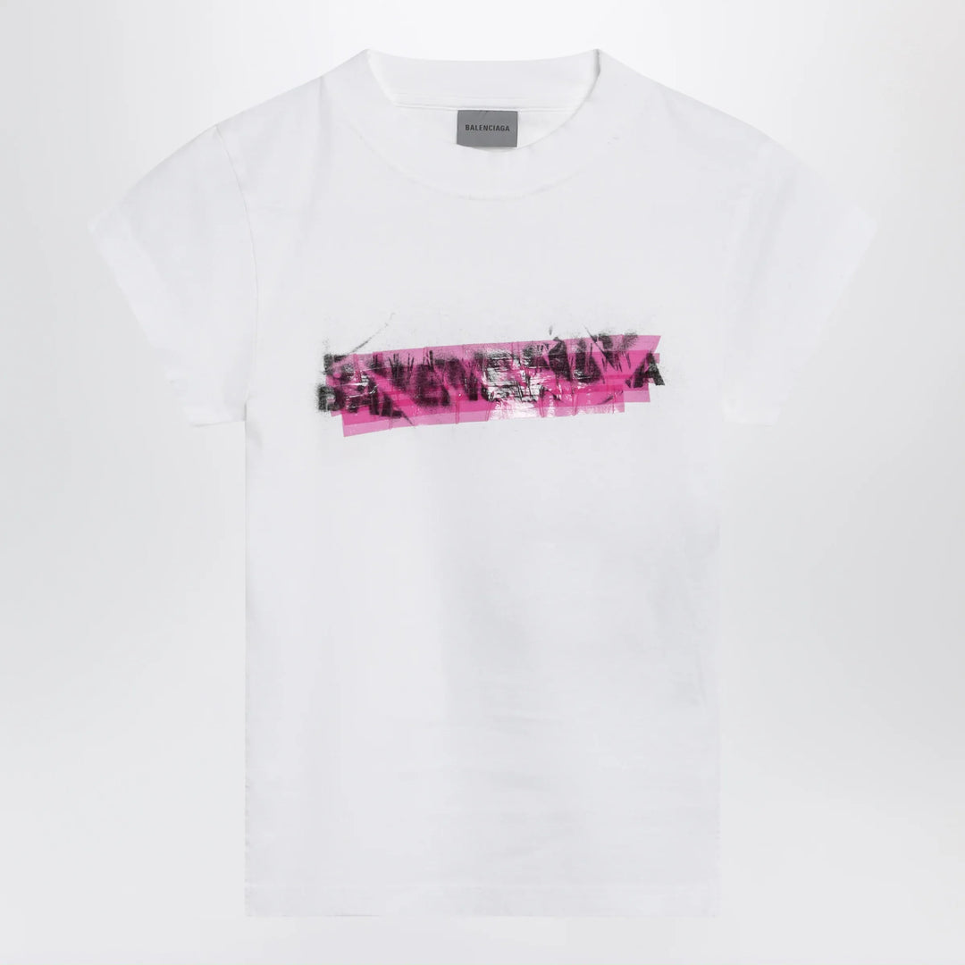 Balenciaga - Messy Spray T-shirt with cut-out back in white cotton Brand Apparel & Accessories > Clothing > Shirts & Tops XS