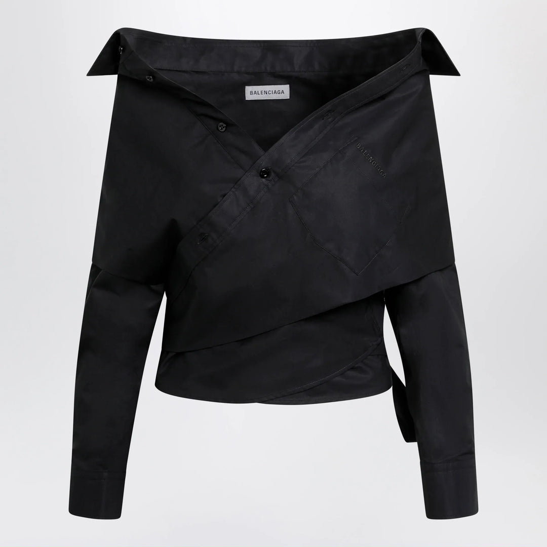 Balenciaga - Off-shoulder wrap shirt in black Brand Apparel &amp; Accessories > Clothing > Shirts &amp; Tops 34  FR