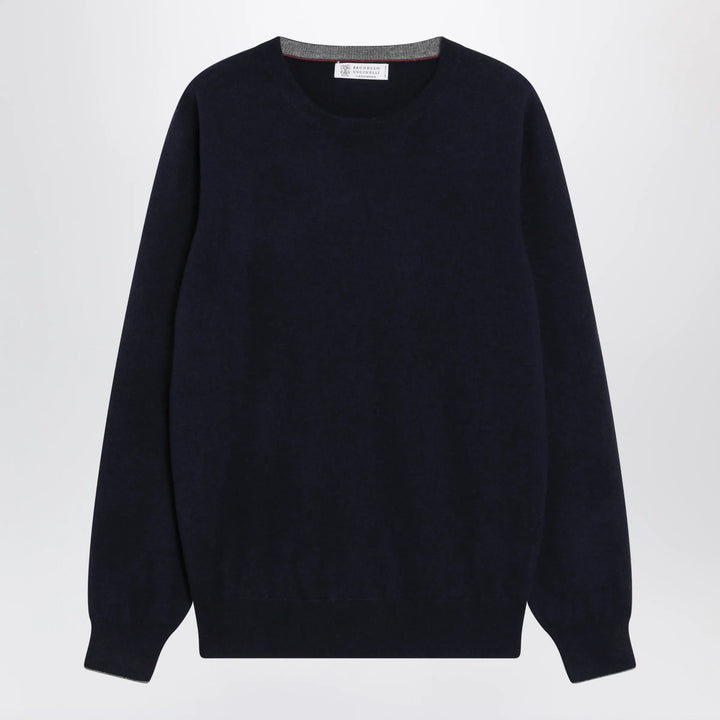 Brunello Cucinelli - Navy blue cashmere crewneck sweater with contrast trim Brand Apparel &amp; Accessories > Clothing > Shirts &amp; Tops 48 IT