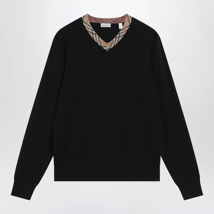 Burberry - Black wool sweater with Check motif neckline Brand Apparel &amp; Accessories > Clothing > Shirts &amp; Tops S
