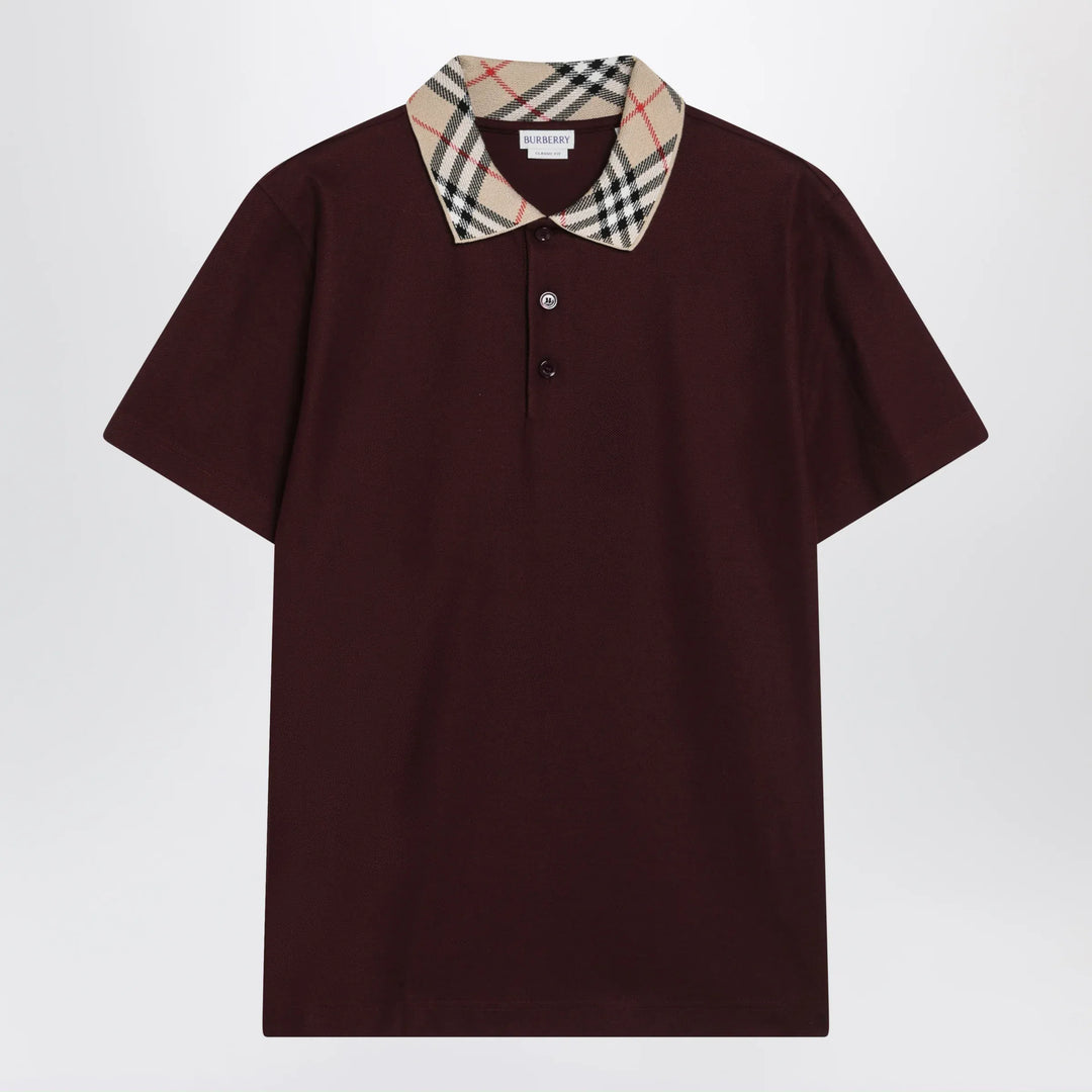 Burberry - Cotton polo shirt with Check collar in vineyard red Brand Apparel & Accessories > Clothing > Shirts & Tops S