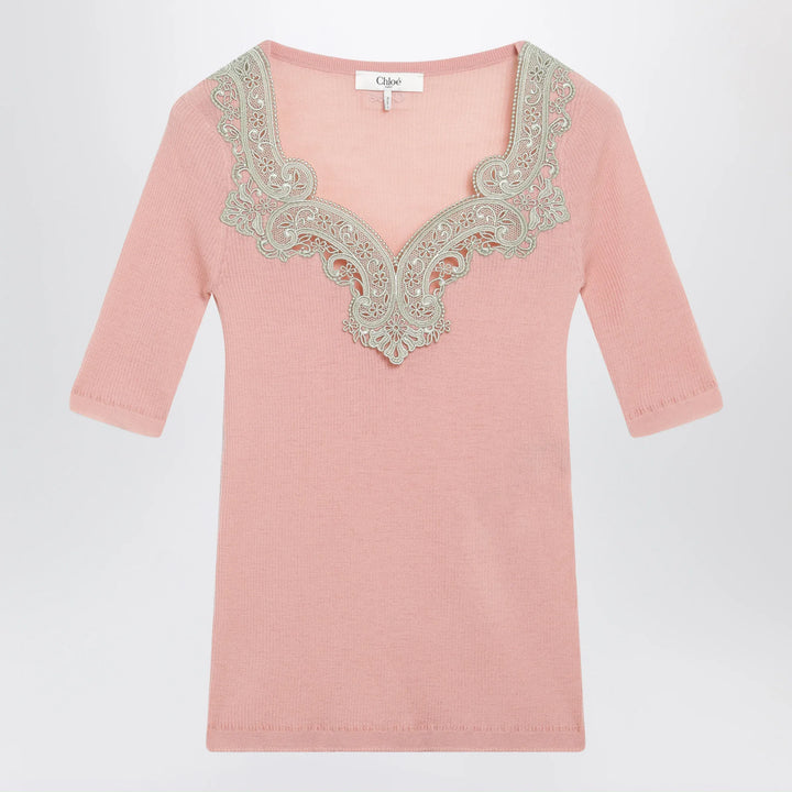 Chloé - Fitted elbow-sleeve ribbed wool sweater with lace trim in pink Brand Apparel &amp; Accessories > Clothing > Shirts &amp; Tops XS