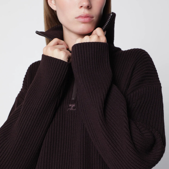 Courrèges - Dark burgundy ribbed zip sweater Brand Apparel &amp; Accessories > Clothing > Shirts &amp; Tops