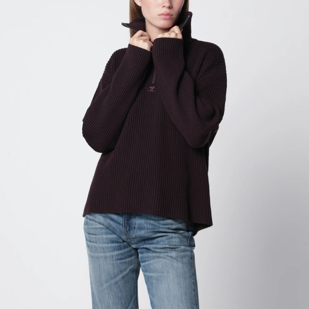 Courrèges - Dark burgundy ribbed zip sweater Brand Apparel &amp; Accessories > Clothing > Shirts &amp; Tops S