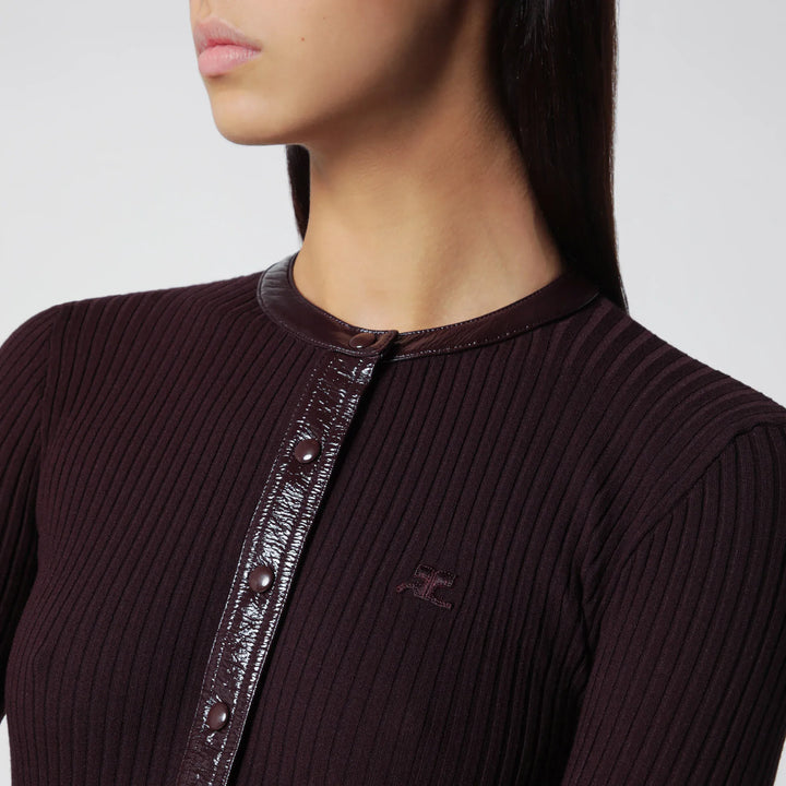 Courrèges - Ribbed knit cardigan with vinyl trim in burgundy Brand Apparel &amp; Accessories > Clothing > Shirts &amp; Tops