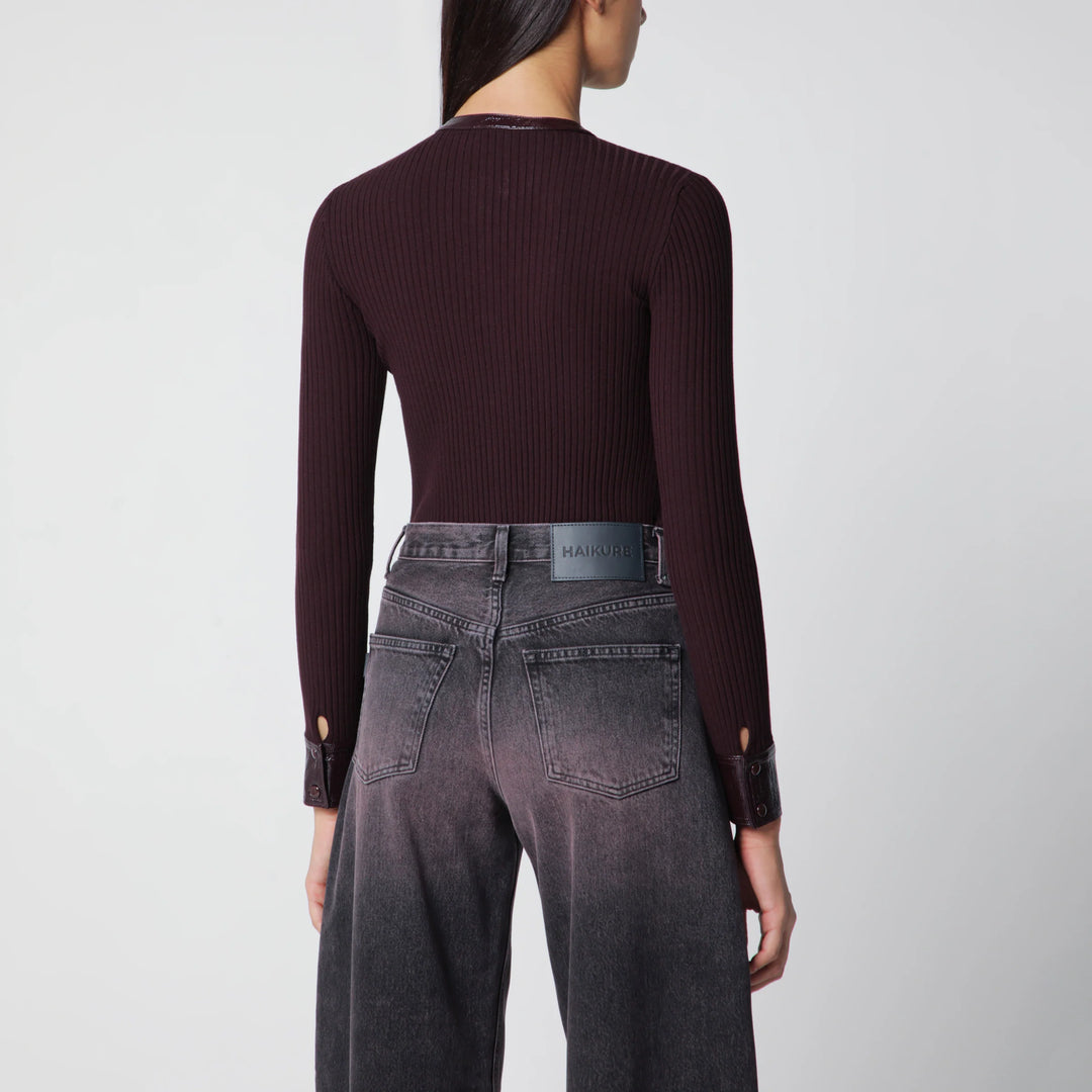 Courrèges - Ribbed knit cardigan with vinyl trim in burgundy Brand Apparel &amp; Accessories > Clothing > Shirts &amp; Tops