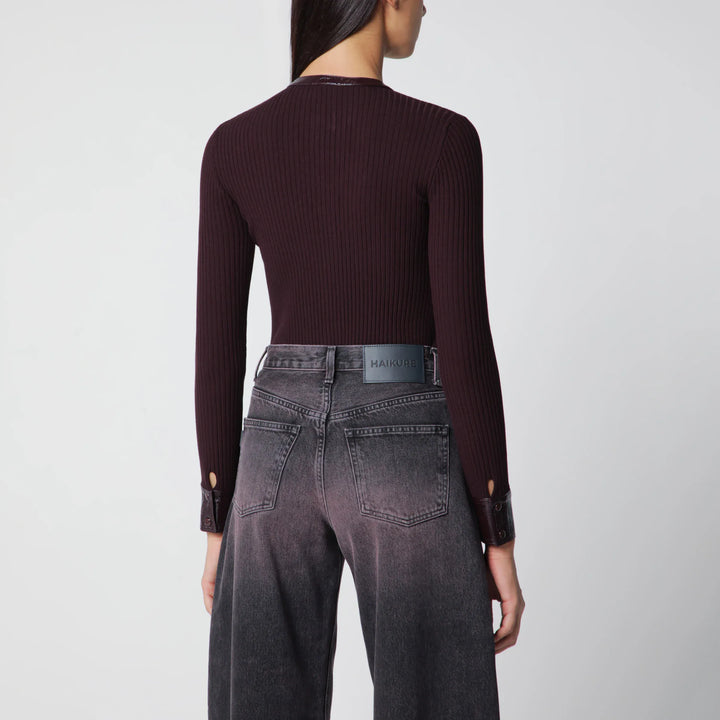 Courrèges - Ribbed knit cardigan with vinyl trim in burgundy Brand Apparel &amp; Accessories > Clothing > Shirts &amp; Tops