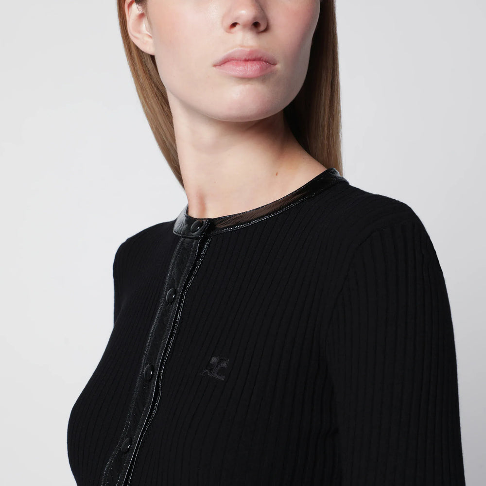 Courrèges - Ribbed viscose-blend cardigan with vinyl trim, black Brand Apparel & Accessories > Clothing > Shirts & Tops M