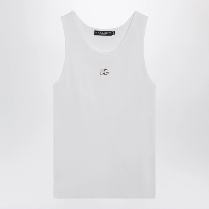 Dolce&amp;Gabbana - Cotton tank top with DG embroidery and rhinestones, white Brand Apparel &amp; Accessories > Clothing > Shirts &amp; Tops 44  IT