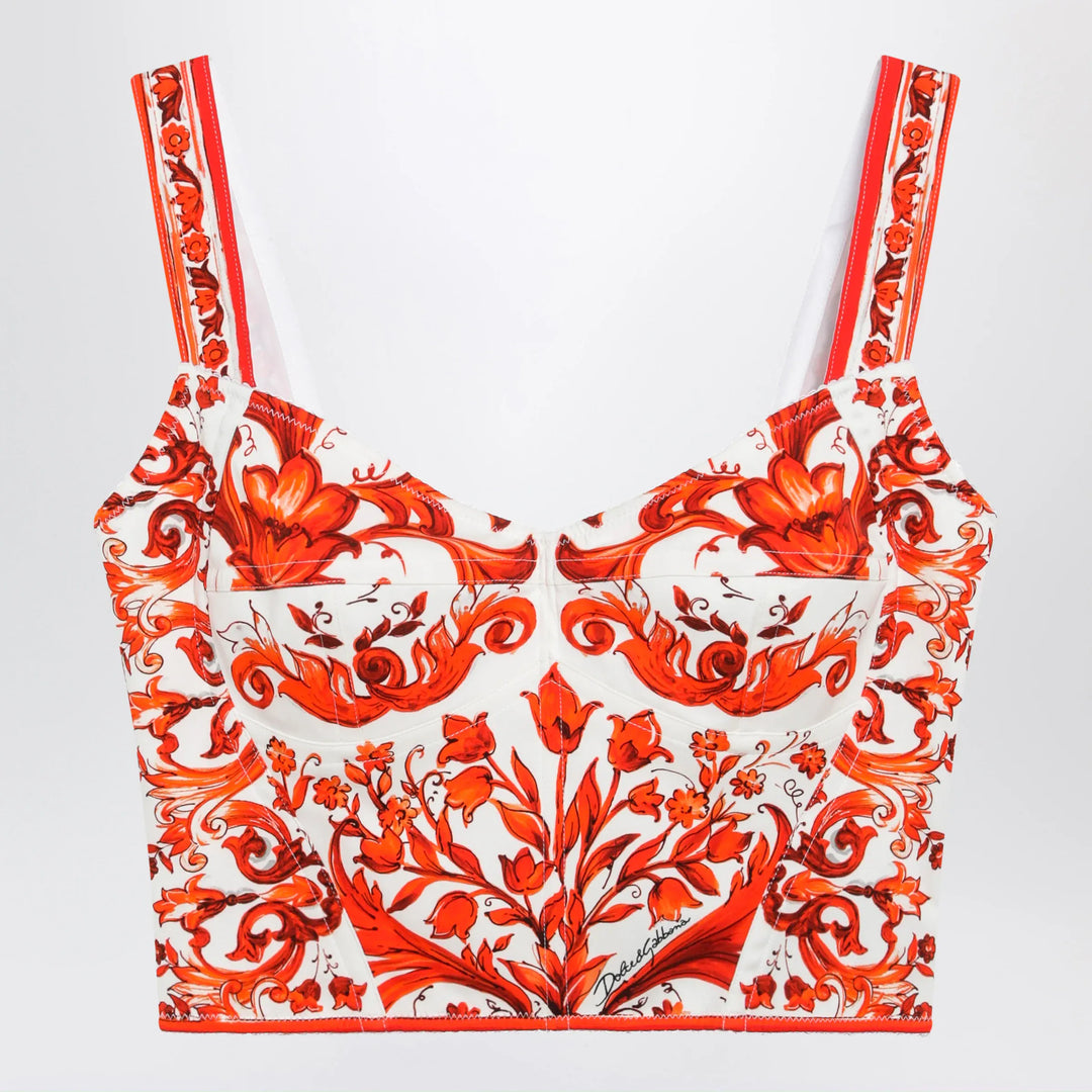 Dolce&amp;Gabbana - Maiolica-print charmeuse bustier top in orange Brand Apparel &amp; Accessories > Clothing > Shirts &amp; Tops