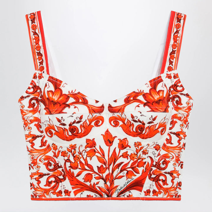 Dolce&amp;Gabbana - Maiolica-print charmeuse bustier top in orange Brand Apparel &amp; Accessories > Clothing > Shirts &amp; Tops