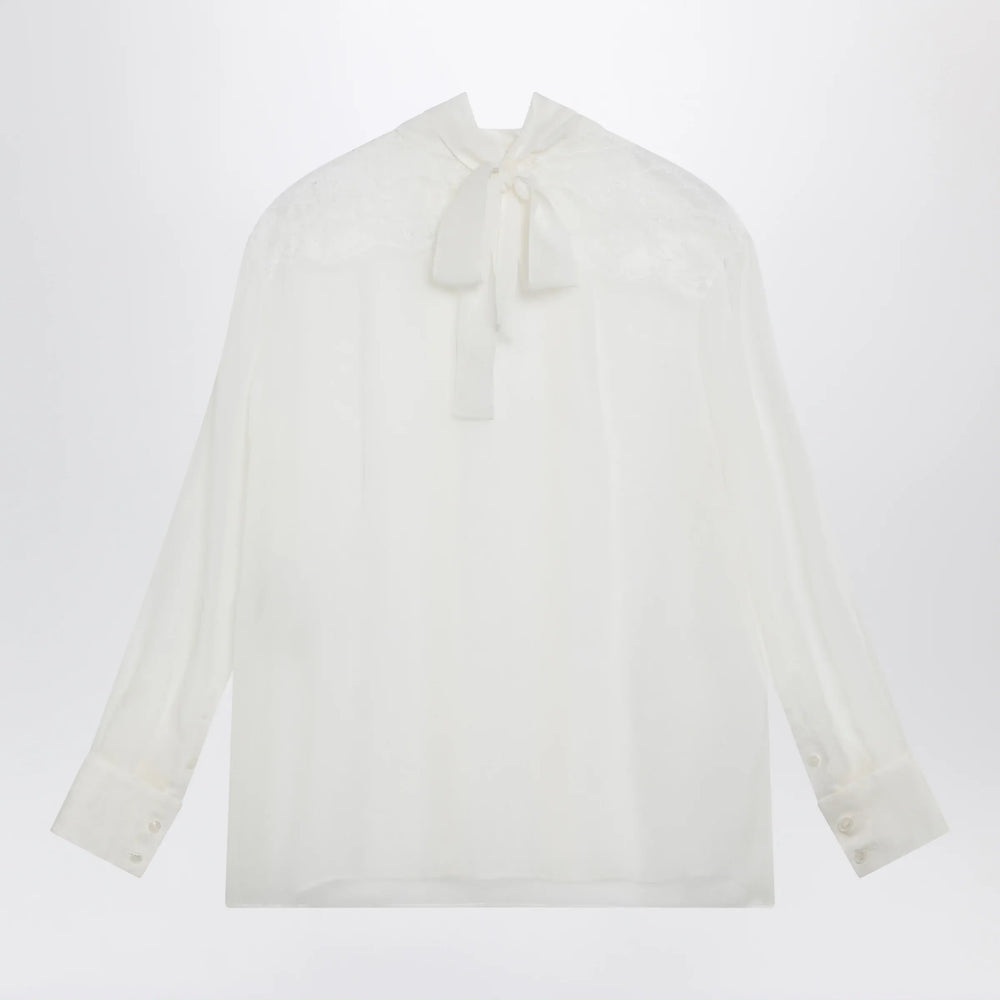 Dolce&Gabbana - Silk chiffon and lace blouse with neck scarf in white Brand Apparel & Accessories > Clothing > Shirts & Tops 44  IT