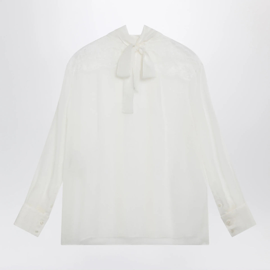 Dolce&amp;Gabbana - Silk chiffon and lace blouse with neck scarf in white Brand Apparel &amp; Accessories > Clothing > Shirts &amp; Tops 44  IT
