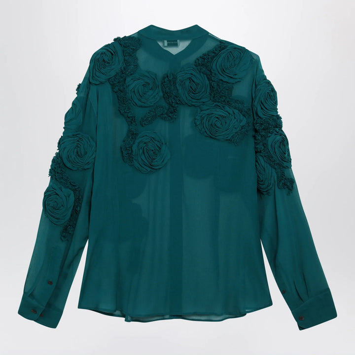 Dries Van Noten - Petrol green shirt with raised rose details Brand Apparel &amp; Accessories > Clothing > Shirts &amp; Tops