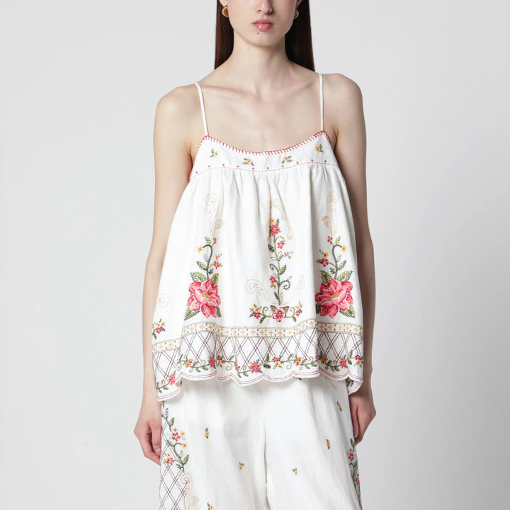 FARM Rio - Linen-blend top with floral embroidery Brand Apparel &amp; Accessories > Clothing > Shirts &amp; Tops XS