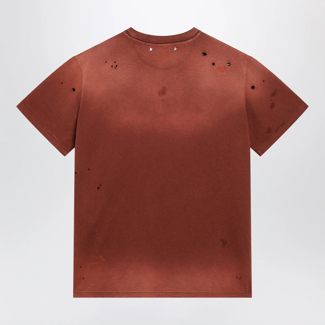 Golden Goose - Rust-colored cotton T-shirt with floral print Brand Apparel &amp; Accessories > Clothing > Shirts &amp; Tops XS